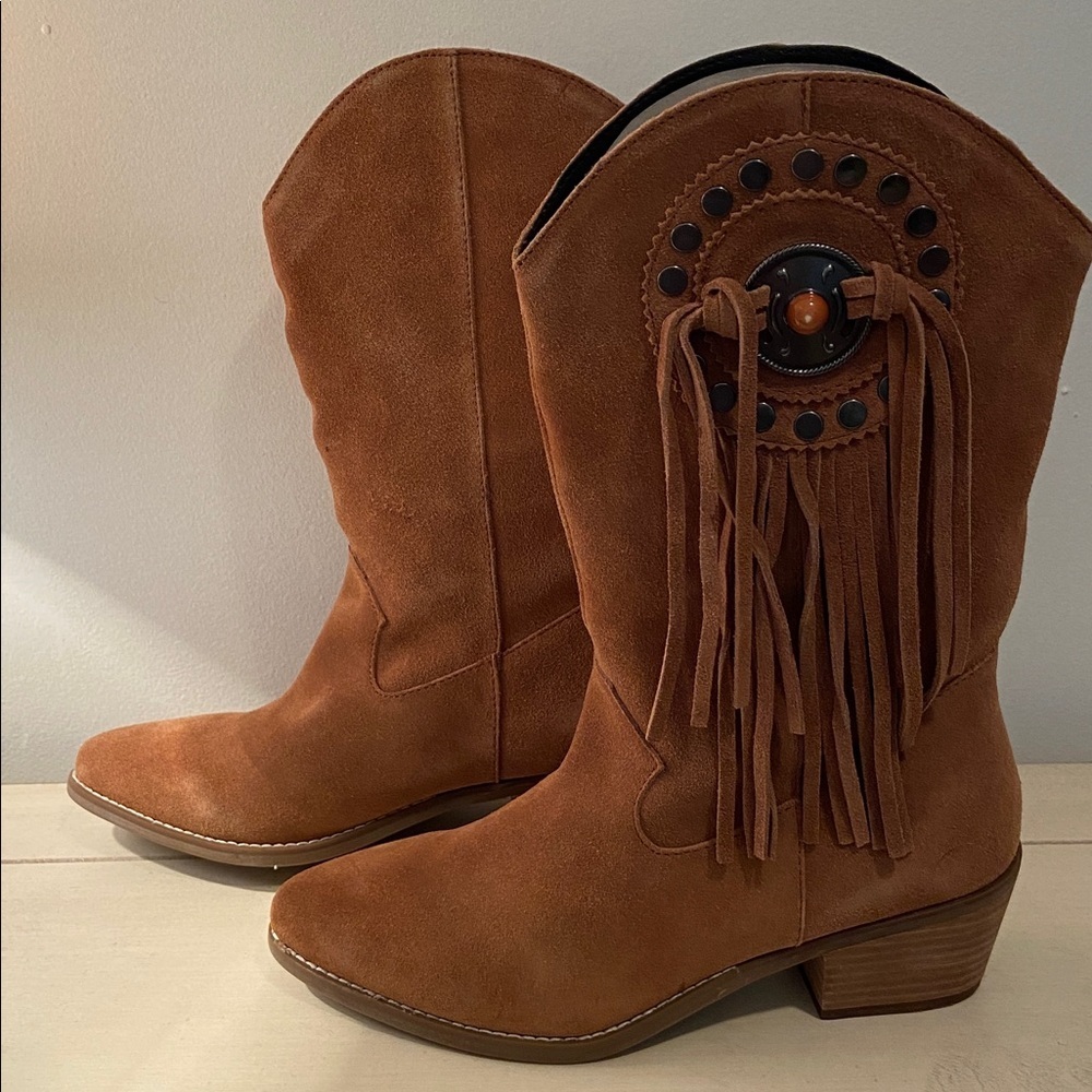 Dingo Western Cabincore Suede Fringe Mid Calf Cowboy Boot Tan